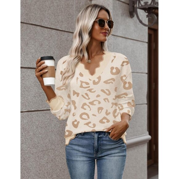 Women's Fall V Neck Sweater Long Sleeve Ribbed Knit Pullover Sweater Top Leopard - Picture 6 of 6